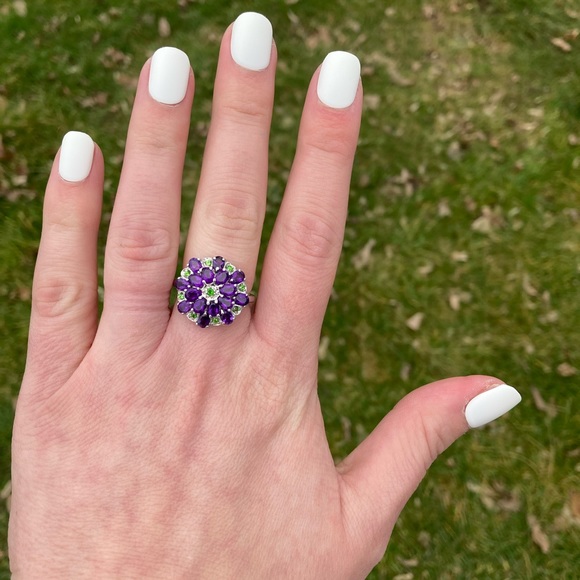 Amethyst and Chrome Diopside Cluster Ring Size 7.75 on Silver & 14k Gold Plating - Picture 7 of 7